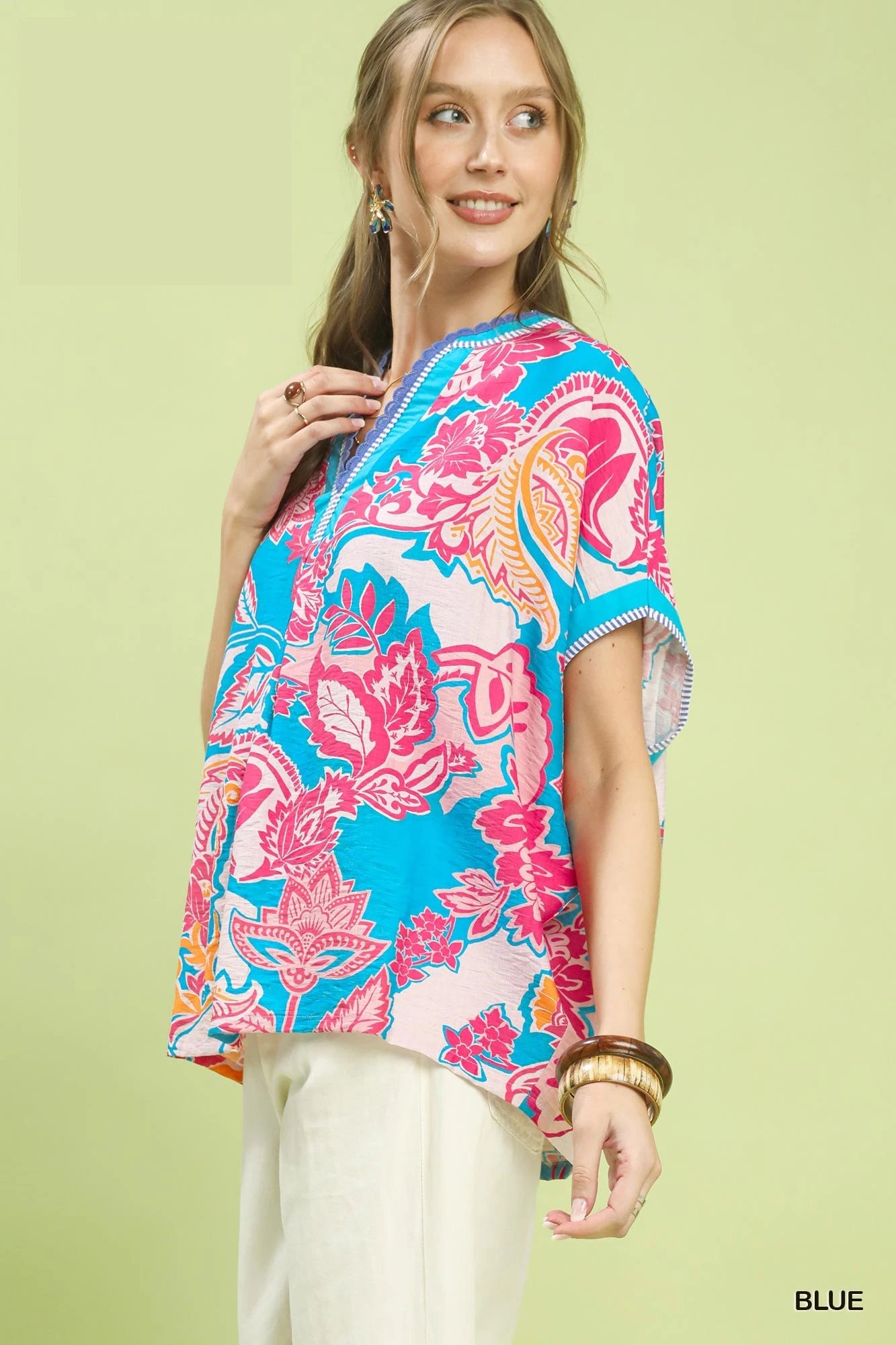 Umgee Blouse Blue Floral Abstract Print Oversized V-Neck Lace Casual Top