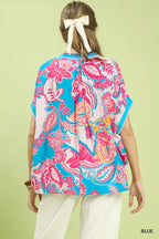 Umgee Bluse Blau Blumen Abstrakt Print Oversize V-Ausschnitt Spitze Lässiges Oberteil