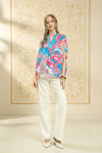 Umgee Bluse Blau Blumen Abstrakt Print Oversize V-Ausschnitt Spitze Lässiges Oberteil