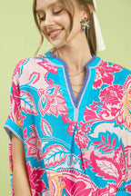 Umgee Bluse Blau Blumen Abstrakt Print Oversize V-Ausschnitt Spitze Lässiges Oberteil