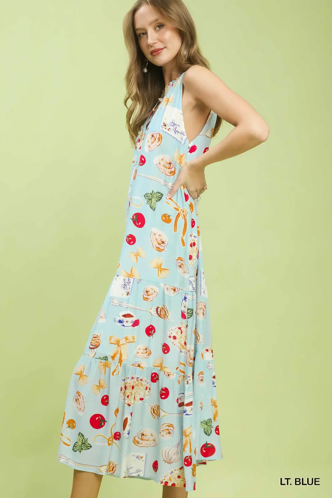 Umgee USA Midi Dress V-Neck Sleeveless Summer Colorful Print Ruffle Pocketed