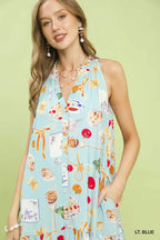 Umgee USA Midikleid V-Ausschnitt Ärmellos Sommer Bunter Print Rüschen Tasche