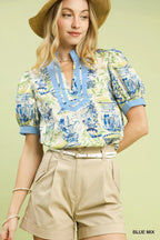 Umgee Baumwollbluse Blau-Mix Abstraktes Muster V-Ausschnitt Kontrastbesatz Freizeit-Top