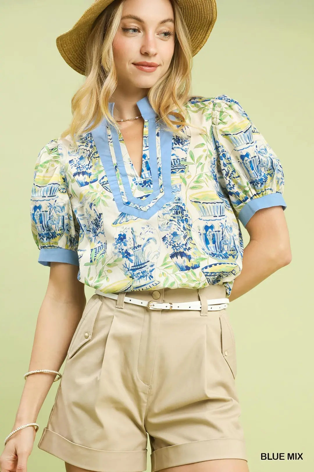 Umgee Cotton Blouse Blue Mix Abstract Print V-Neck Contrast Trim Casual Top