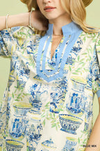 Umgee Baumwollbluse Blau-Mix Abstraktes Muster V-Ausschnitt Kontrastbesatz Freizeit-Top