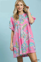 Umgee Minikleid Rüschen Boho Paisley Print Rosa Rundhals Ballonärmel