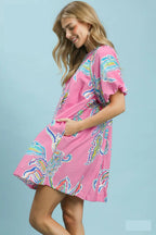 Umgee Minikleid Rüschen Boho Paisley Print Rosa Rundhals Ballonärmel