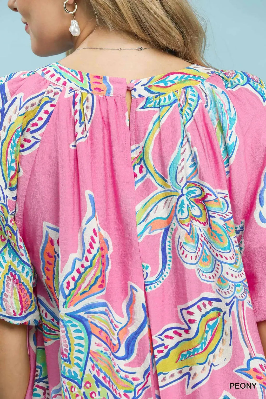 Umgee Mini Dress Ruffle Boho Paisley Print Pink Round Neck Ballon Sleeve