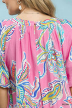 Umgee Minikleid Rüschen Boho Paisley Print Rosa Rundhals Ballonärmel