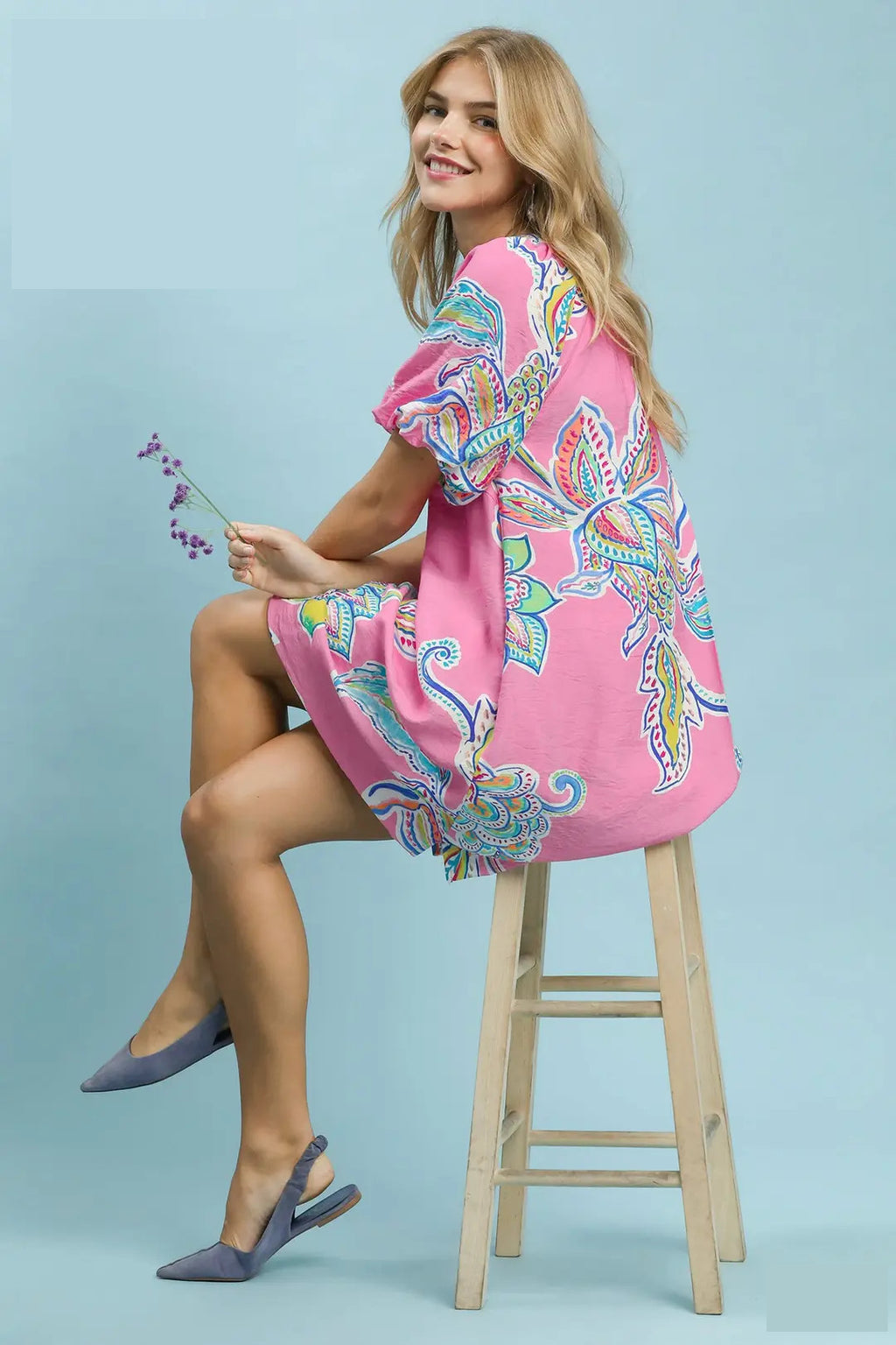 Umgee Mini Dress Ruffle Boho Paisley Print Pink Round Neck Ballon Sleeve
