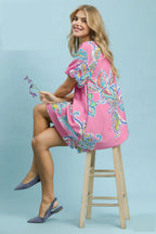 Umgee Minikleid Rüschen Boho Paisley Print Rosa Rundhals Ballonärmel