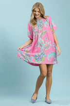 Umgee Minikleid Rüschen Boho Paisley Print Rosa Rundhals Ballonärmel