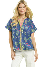 Umgee Cotton Floral Shirt Blouse V-Neck Button Contrast Trim Casual Blue Top