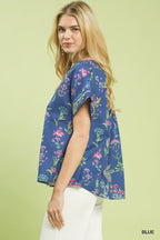 Umgee Cotton Floral Shirt Blouse V-Neck Button Contrast Trim Casual Blue Top