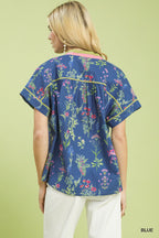 Umgee Cotton Floral Shirt Blouse V-Neck Button Contrast Trim Casual Blue Top