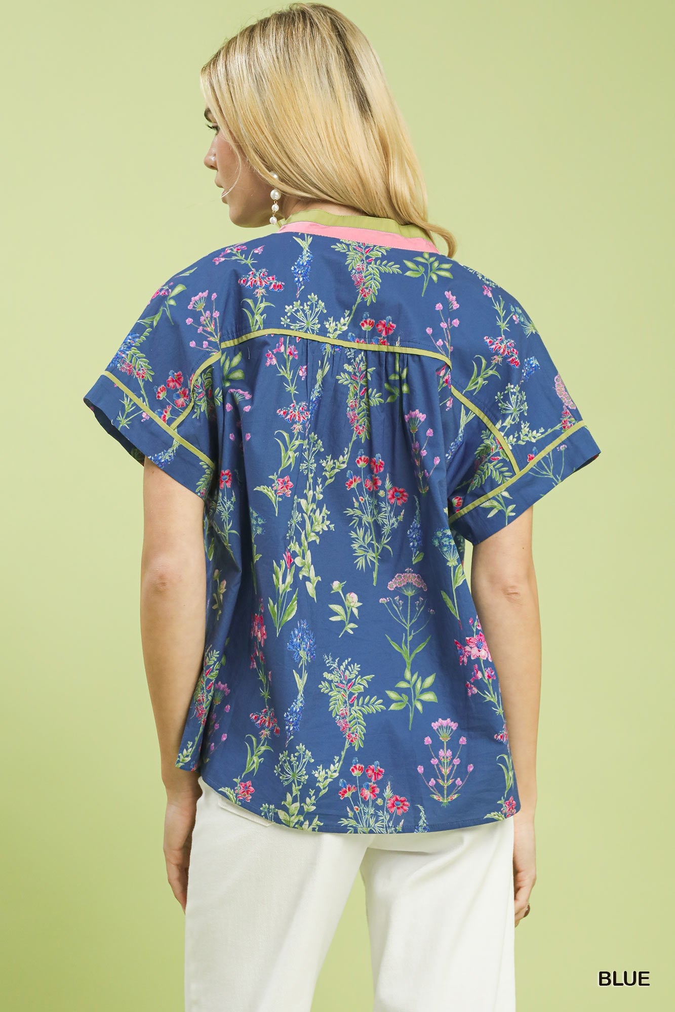 Umgee Cotton Floral Shirt Blouse V-Neck Button Contrast Trim Casual Blue Top