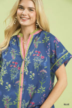 Umgee Cotton Floral Shirt Blouse V-Neck Button Contrast Trim Casual Blue Top