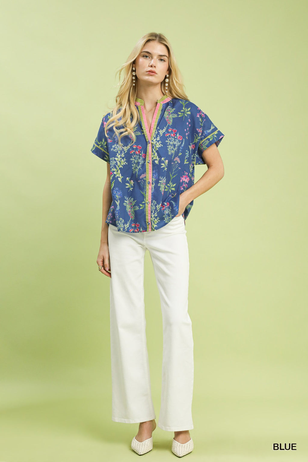 Umgee Cotton Floral Shirt Blouse V-Neck Button Contrast Trim Casual Blue Top