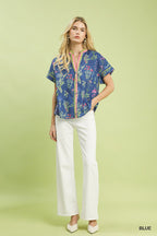 Umgee Cotton Floral Shirt Blouse V-Neck Button Contrast Trim Casual Blue Top