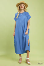 Umgee Midi Shift Dress Cotton Gauze Buttoned Lace Trim Side Slit Casual Blue