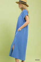 Umgee Midi Shift Dress Cotton Gauze Buttoned Lace Trim Side Slit Casual Blue