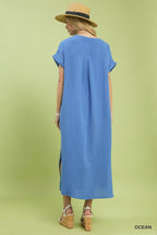 Umgee Midi Shift Dress Cotton Gauze Buttoned Lace Trim Side Slit Casual Blue