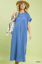 Umgee Midi Shift Dress Cotton Gauze Buttoned Lace Trim Side Slit Casual Blue