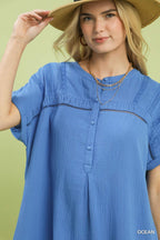 Umgee Midi Shift Dress Cotton Gauze Buttoned Lace Trim Side Slit Casual Blue