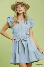 Umgee USA Denim Mini Dress Ruffle V-Neck Belted Tie Short Sleeve Light Blue