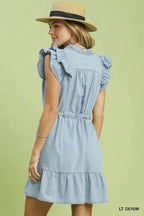 Umgee USA Denim Mini Dress Ruffle V-Neck Belted Tie Short Sleeve Light Blue