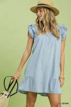 Umgee USA Denim Mini Dress Ruffle V-Neck Belted Tie Short Sleeve Light Blue