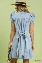 Umgee USA Denim Mini Dress Ruffle V-Neck Belted Tie Short Sleeve Light Blue