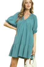 Umgee Cotton Mini Dress V Neck Lace Trim Casual Ruffle Short Sleve