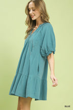 Umgee Cotton Mini Dress V Neck Lace Trim Casual Ruffle Short Sleve