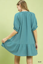 Umgee Cotton Mini Dress V Neck Lace Trim Casual Ruffle Short Sleve