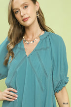Umgee Cotton Mini Dress V Neck Lace Trim Casual Ruffle Short Sleve