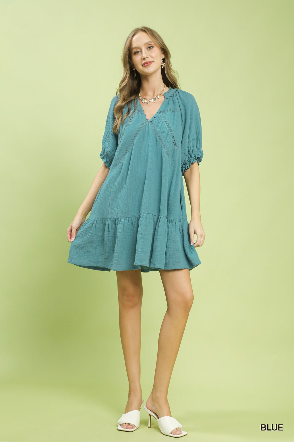 Umgee Cotton Mini Dress V Neck Lace Trim Casual Ruffle Short Sleve