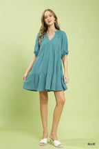 Umgee Cotton Mini Dress V Neck Lace Trim Casual Ruffle Short Sleve
