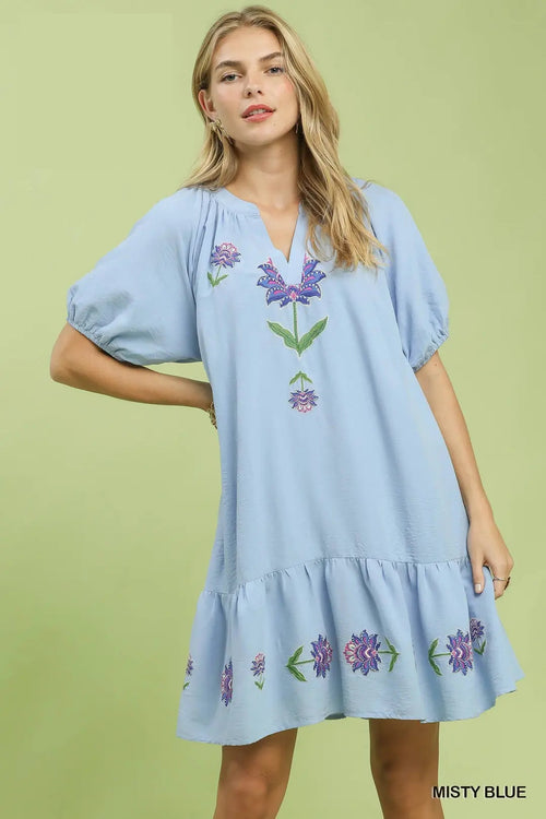 Umgee USA Babydoll Mini Dress Floral Embroidered Light Blue V-neck Ruffled