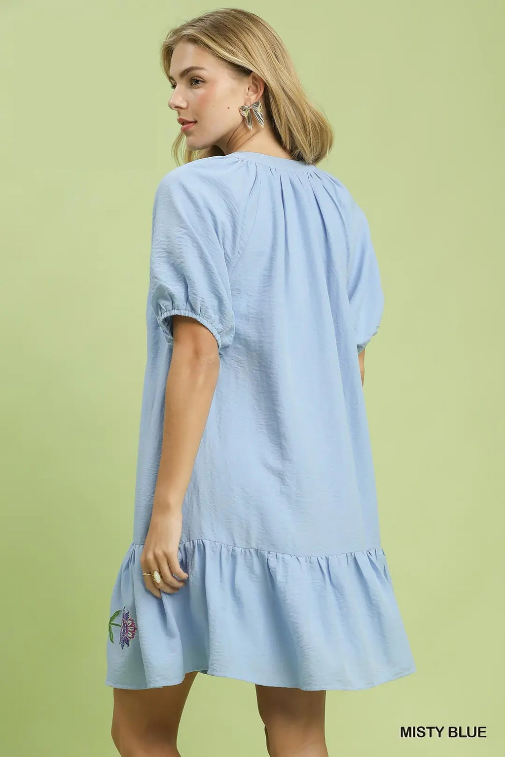 Umgee USA Babydoll Mini Dress Floral Embroidered Light Blue V-neck Ruffled