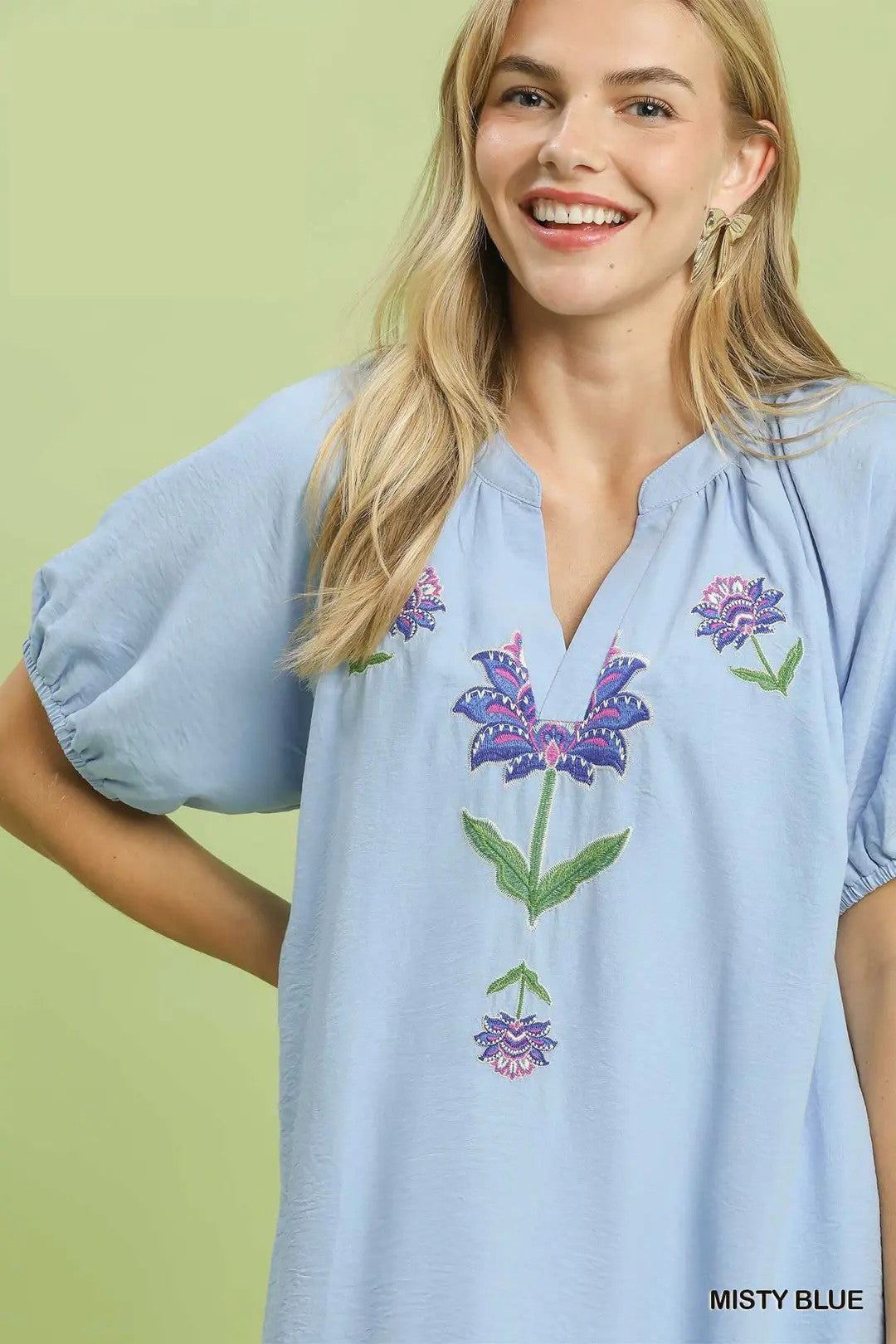 Umgee USA Babydoll Mini Dress Floral Embroidered Light Blue V-neck Ruffled
