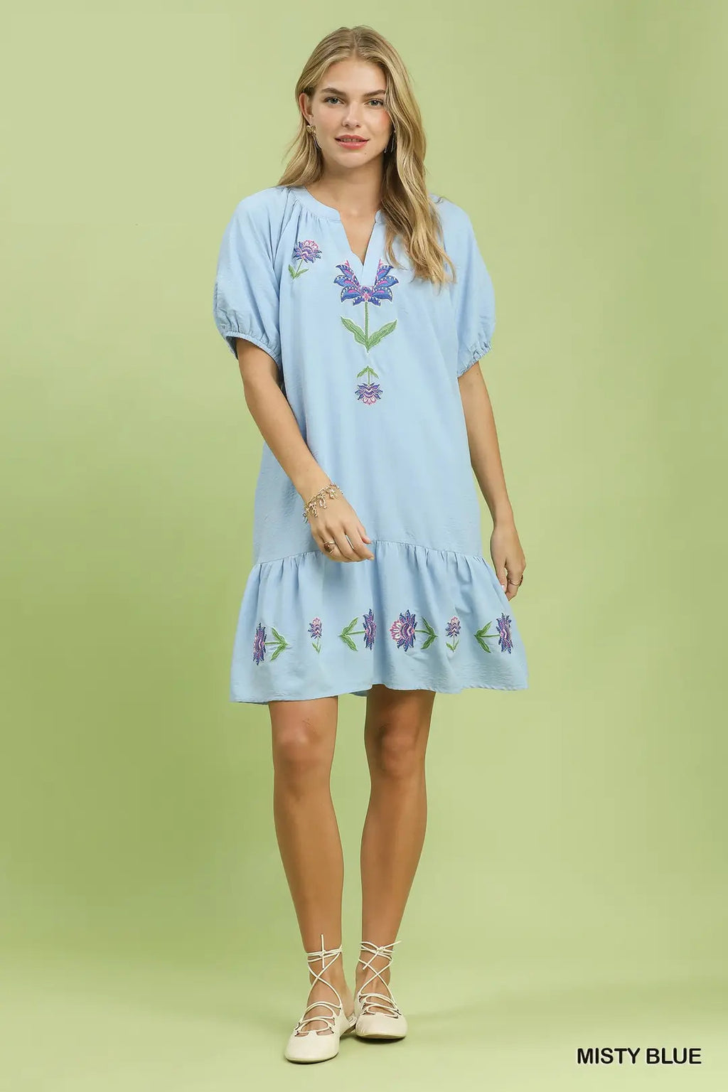 Umgee USA Babydoll Mini Dress Floral Embroidered Light Blue V-neck Ruffled