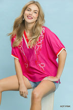 Umgee Blouse Floral Embroidered Hot Pink V-Neck Stripe Trim Casual Top