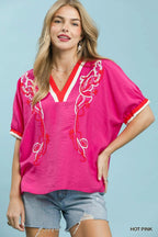 Umgee Blouse Floral Embroidered Hot Pink V-Neck Stripe Trim Casual Top