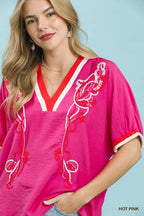 Umgee Blouse Floral Embroidered Hot Pink V-Neck Stripe Trim Casual Top