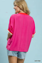 Umgee Blouse Floral Embroidered Hot Pink V-Neck Stripe Trim Casual Top
