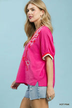 Umgee Blouse Floral Embroidered Hot Pink V-Neck Stripe Trim Casual Top