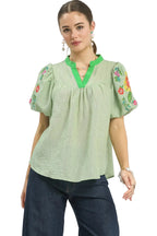 Umgee Blouse Green Floral Embroidered Puff Sleeve V-Neck Trim Casual Top