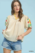 Umgee Casual Blouse Floral Embroidered Puff Short Sleeve V-Neck Ruffle Top