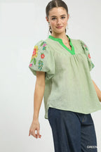 Umgee Blouse Green Floral Embroidered Puff Sleeve V-Neck Trim Casual Top